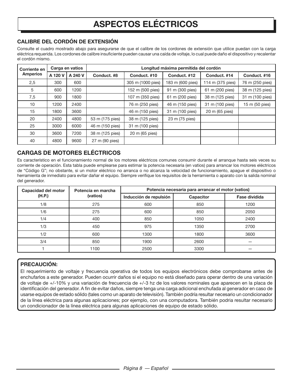 Aspectos eléctricos, Cargas de motores eléctricos | Homelite HGCA3000 User Manual | Page 50 / 64