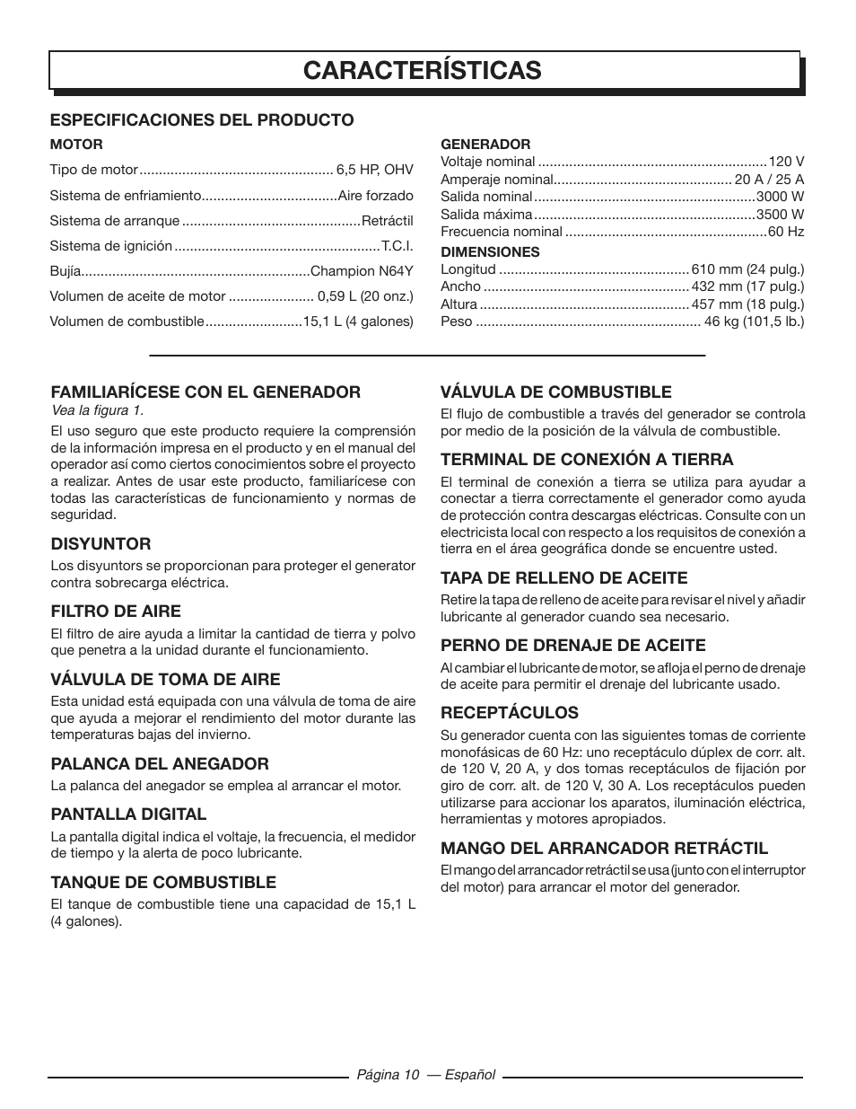 Características | Homelite HGCA3000 User Manual | Page 52 / 64