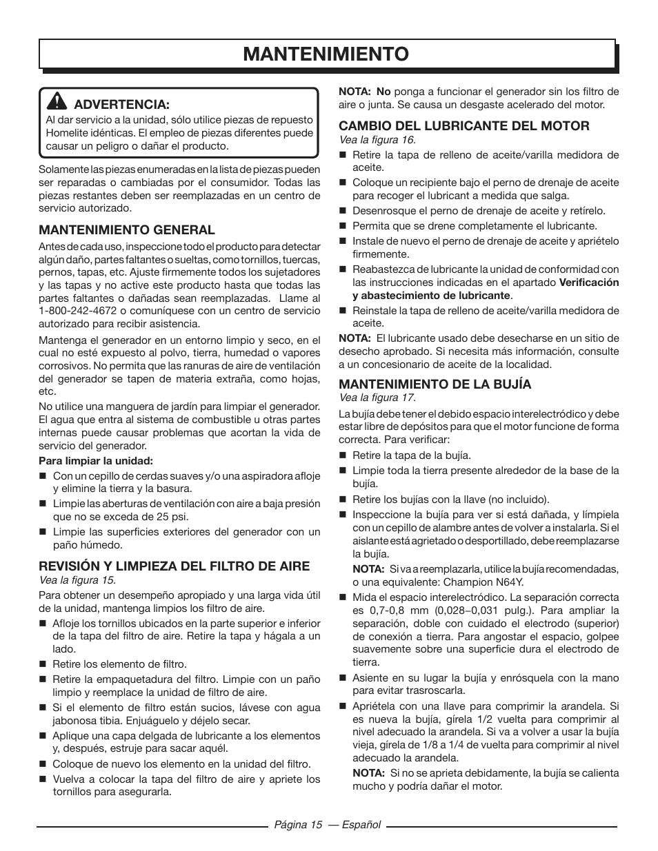 Mantenimiento | Homelite HGCA3000 User Manual | Page 57 / 64