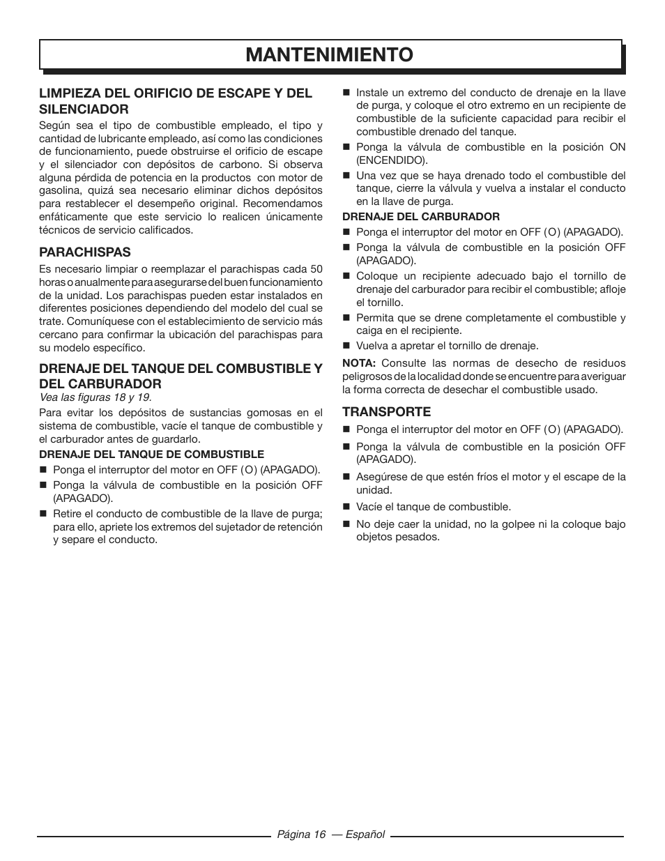 Mantenimiento | Homelite HGCA3000 User Manual | Page 58 / 64