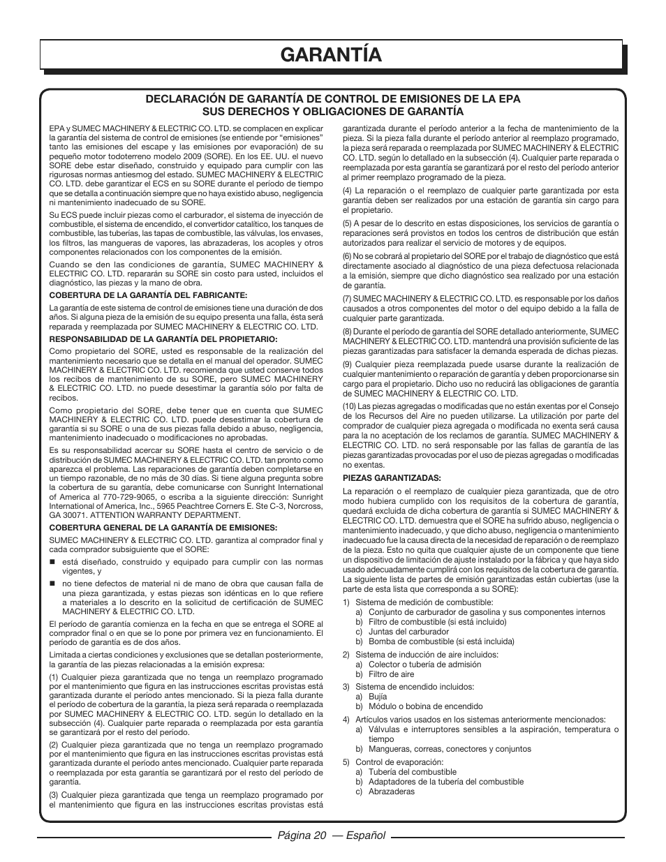 Garantía | Homelite HGCA3000 User Manual | Page 62 / 64