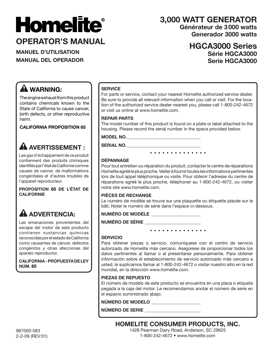 3,000 watt generator, Hgca3000 series, Operator’s manual | Homelite HGCA3000 User Manual | Page 64 / 64