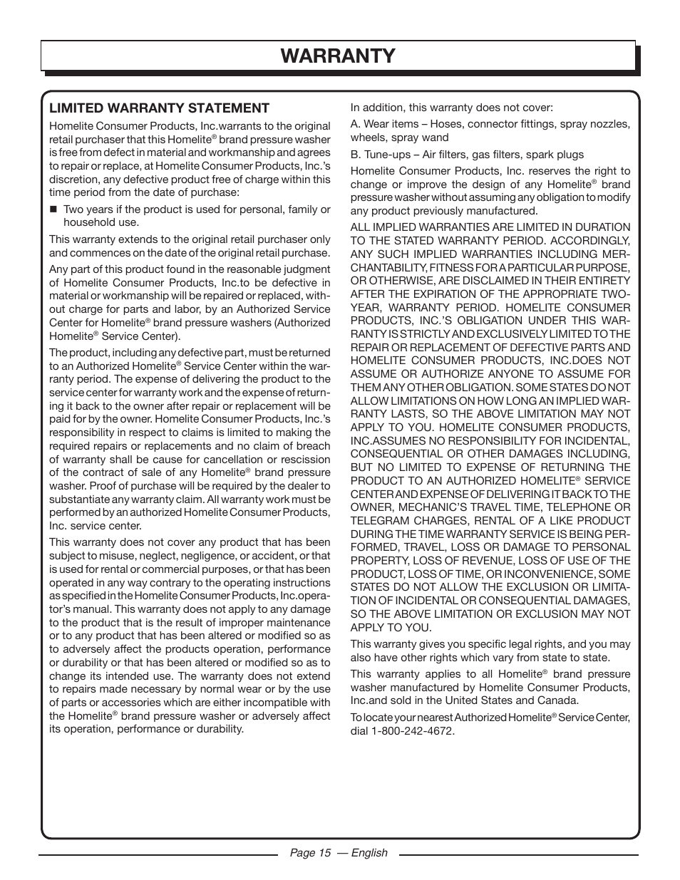 Warranty, Limited warranty statement | Homelite UT80993 User Manual | Page 19 / 48