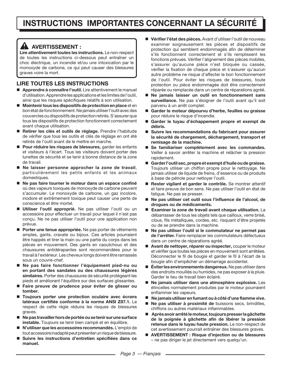 Instructions importantes concernant la sécurité, Avertissement, Lire toutes les instructions | Homelite UT80993 User Manual | Page 21 / 48