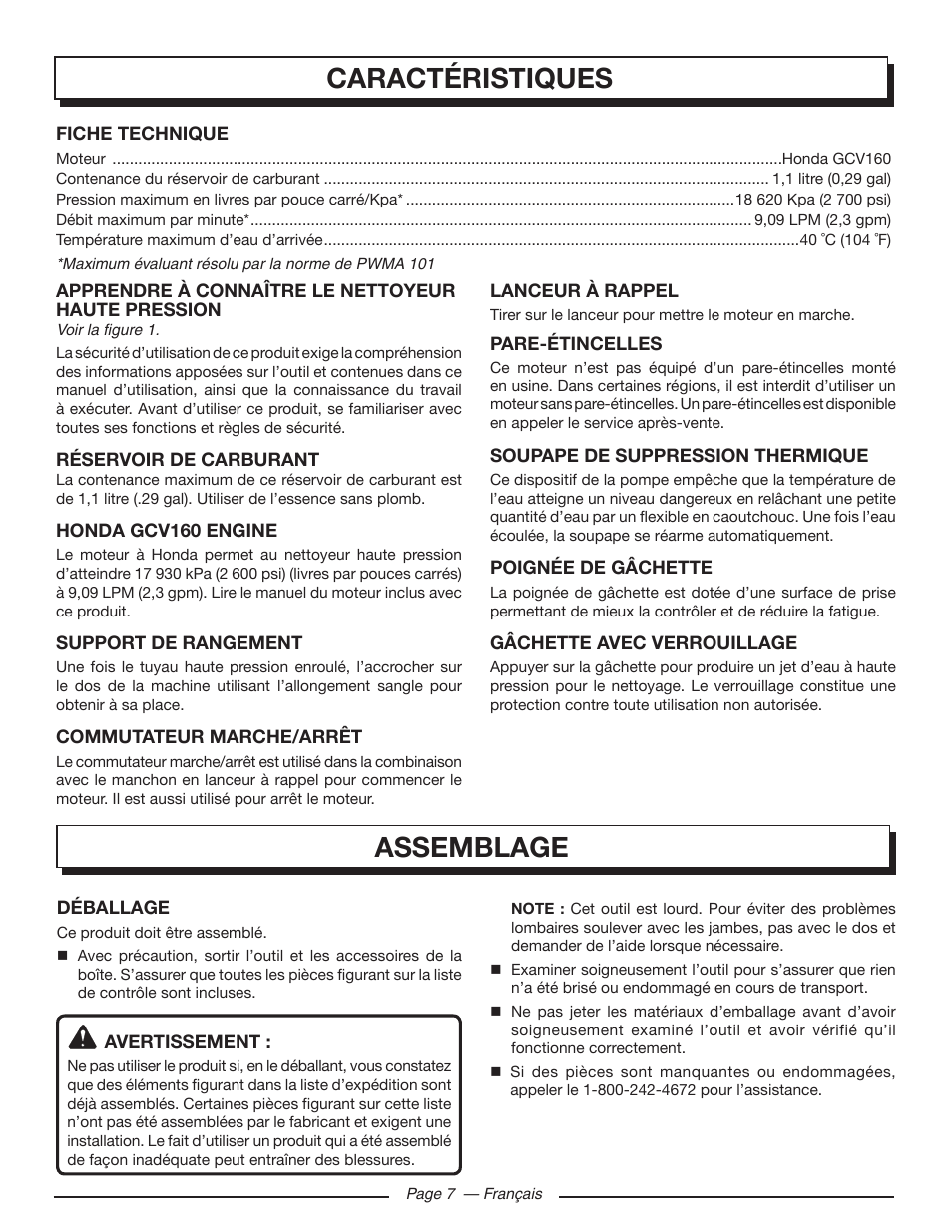 Caractéristiques, Assemblage | Homelite UT80993 User Manual | Page 25 / 48