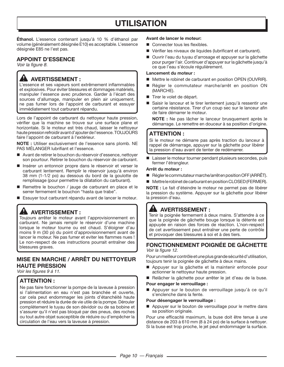 Utilisation, Appoint d’essence, Avertissement | Mise en marche / arrêt du nettoyeur haute pression, Attention, Fonctionnement poignée de gâchette | Homelite UT80993 User Manual | Page 28 / 48