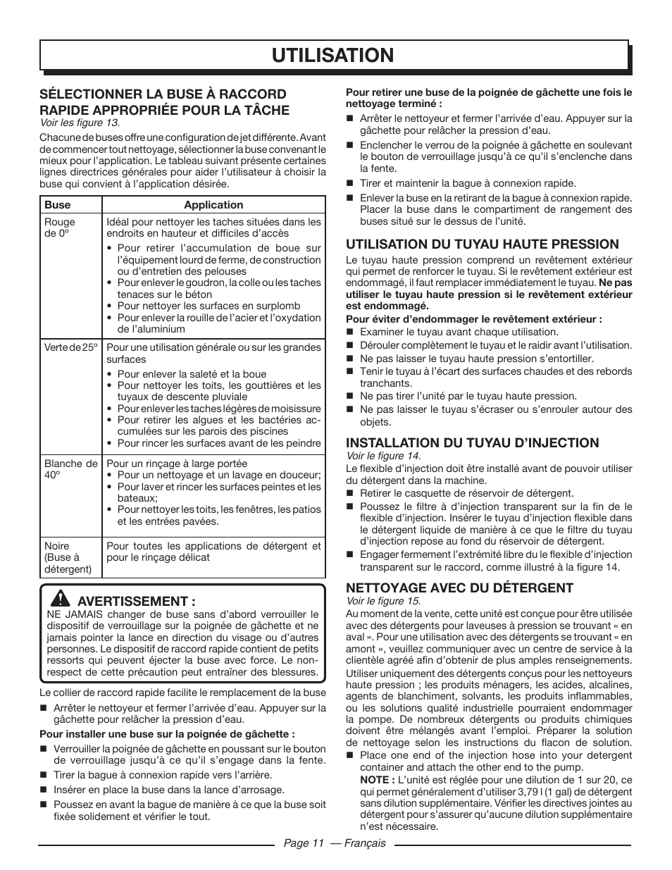 Utilisation, Avertissement, Utilisation du tuyau haute pression | Installation du tuyau d’injection, Nettoyage avec du détergent | Homelite UT80993 User Manual | Page 29 / 48