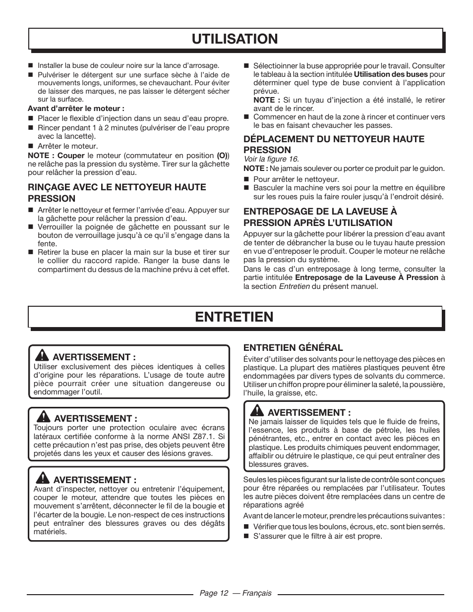 Entretien, Utilisation | Homelite UT80993 User Manual | Page 30 / 48