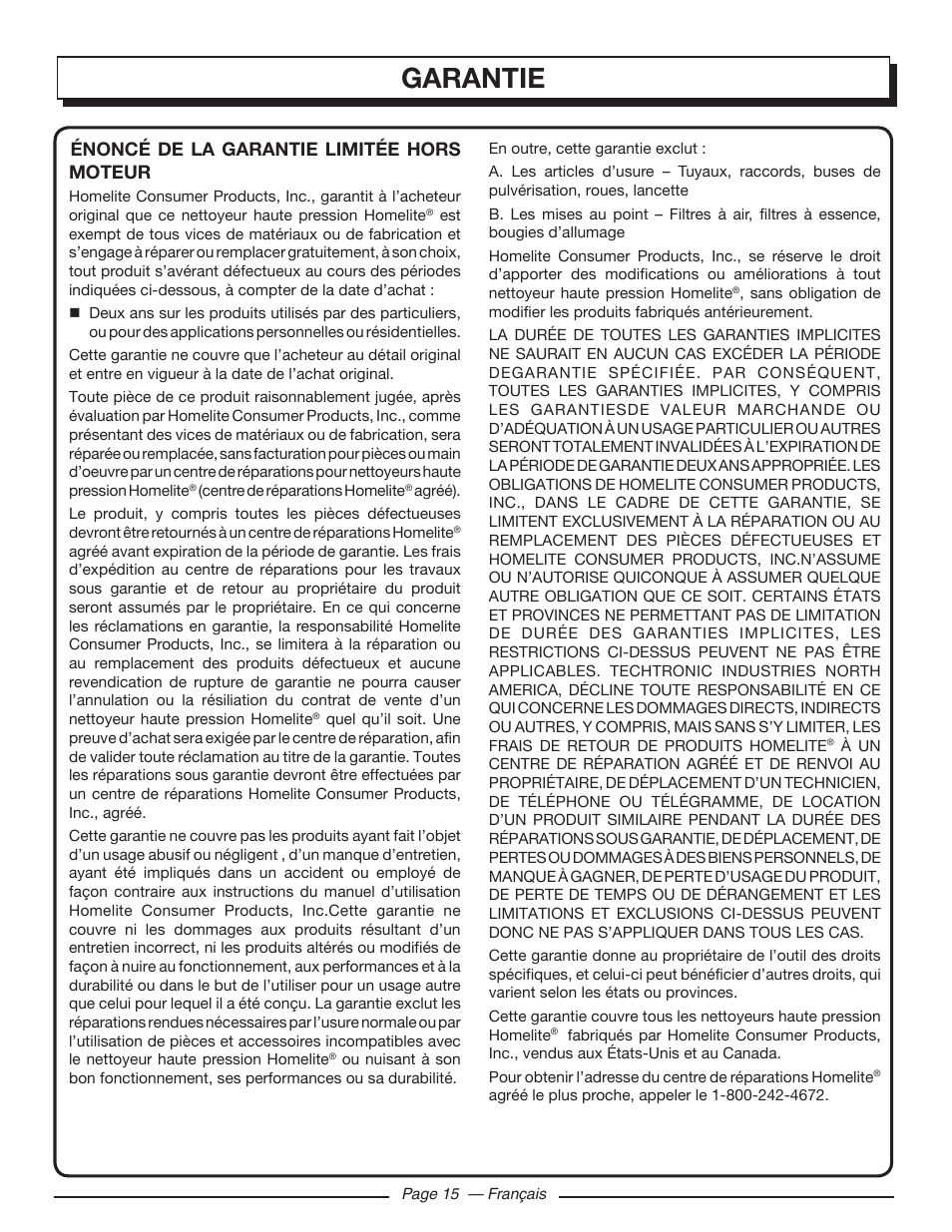 Garantie, Énoncé de la garantie limitée hors moteur | Homelite UT80993 User Manual | Page 33 / 48