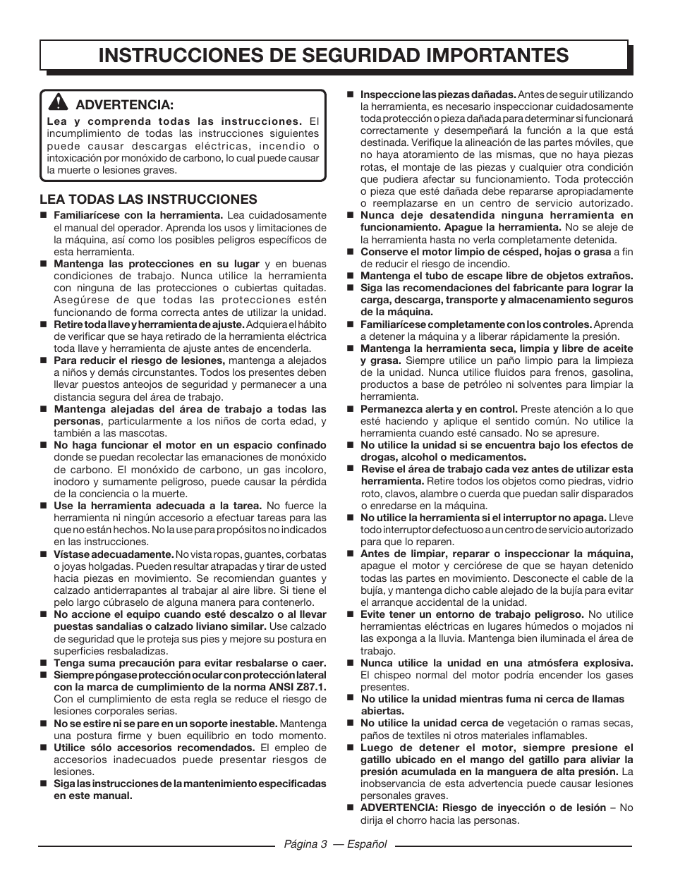 Instrucciones de seguridad importantes, Advertencia, Lea todas las instrucciones | Homelite UT80993 User Manual | Page 35 / 48