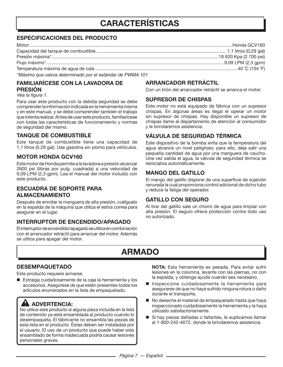 Características, Armado | Homelite UT80993 User Manual | Page 39 / 48