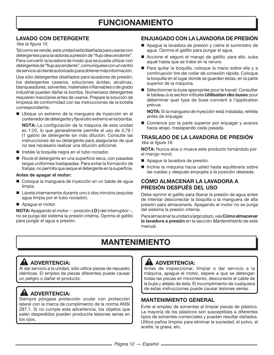 Mantenimiento, Funcionamiento | Homelite UT80993 User Manual | Page 44 / 48