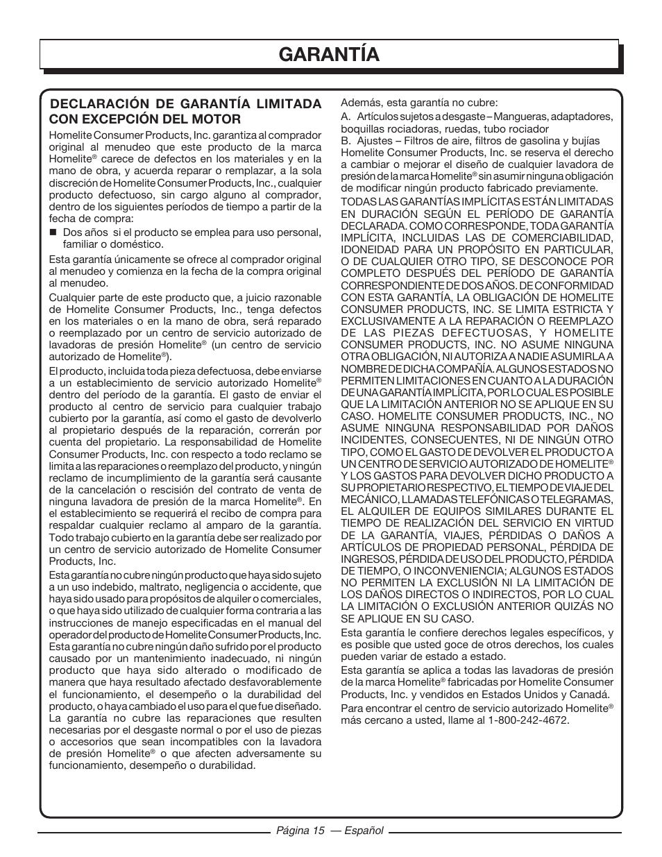 Garantía | Homelite UT80993 User Manual | Page 47 / 48