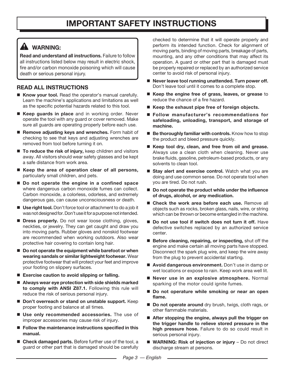 Important safety instructions, Warning | Homelite UT80993 User Manual | Page 7 / 48