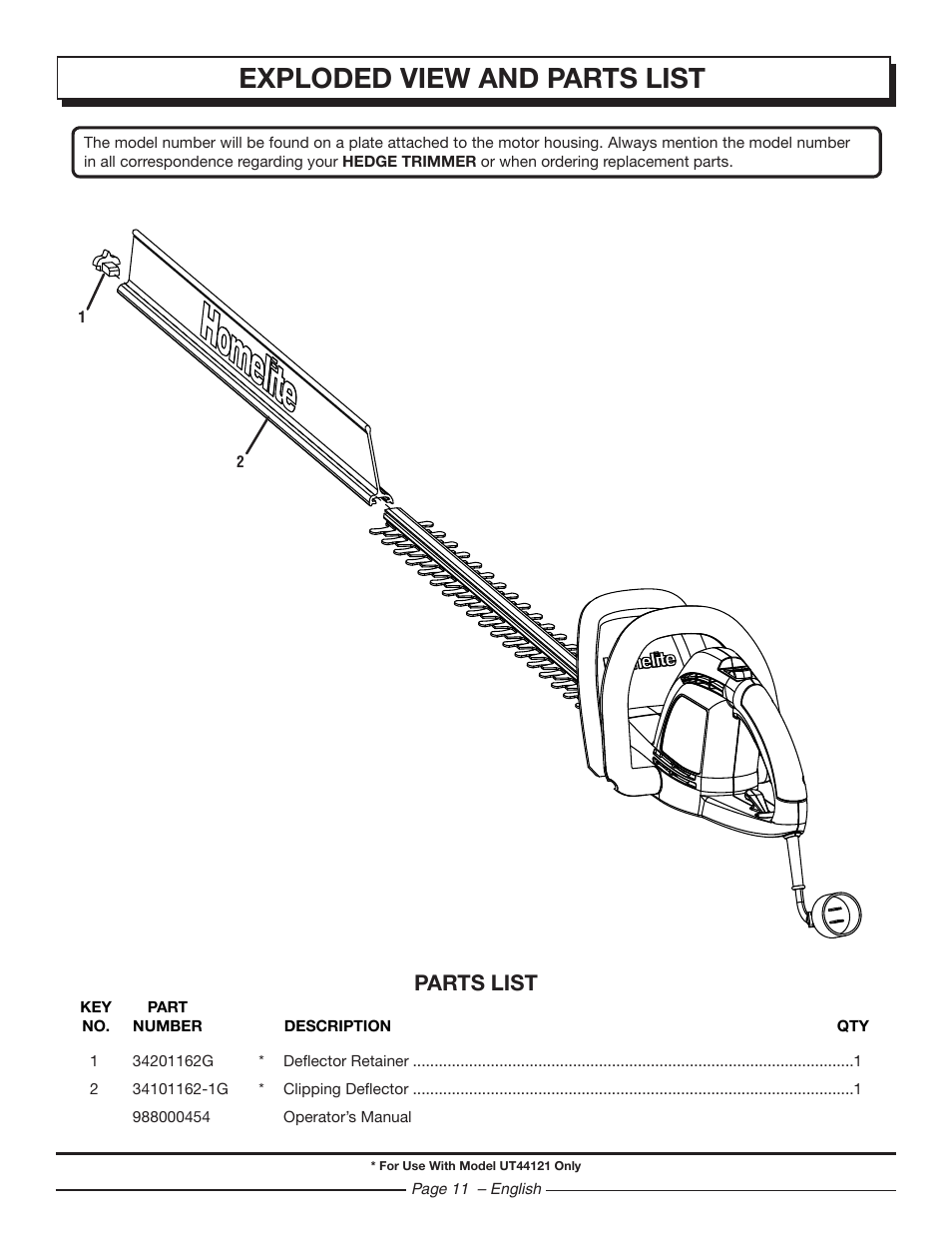 Exploded view and parts list, Parts list | Homelite UT44121 User Manual | Page 13 / 38