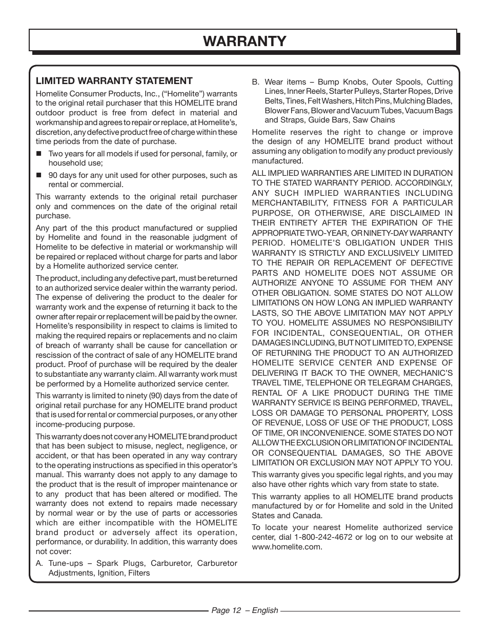 Warranty | Homelite UT44121 User Manual | Page 14 / 38