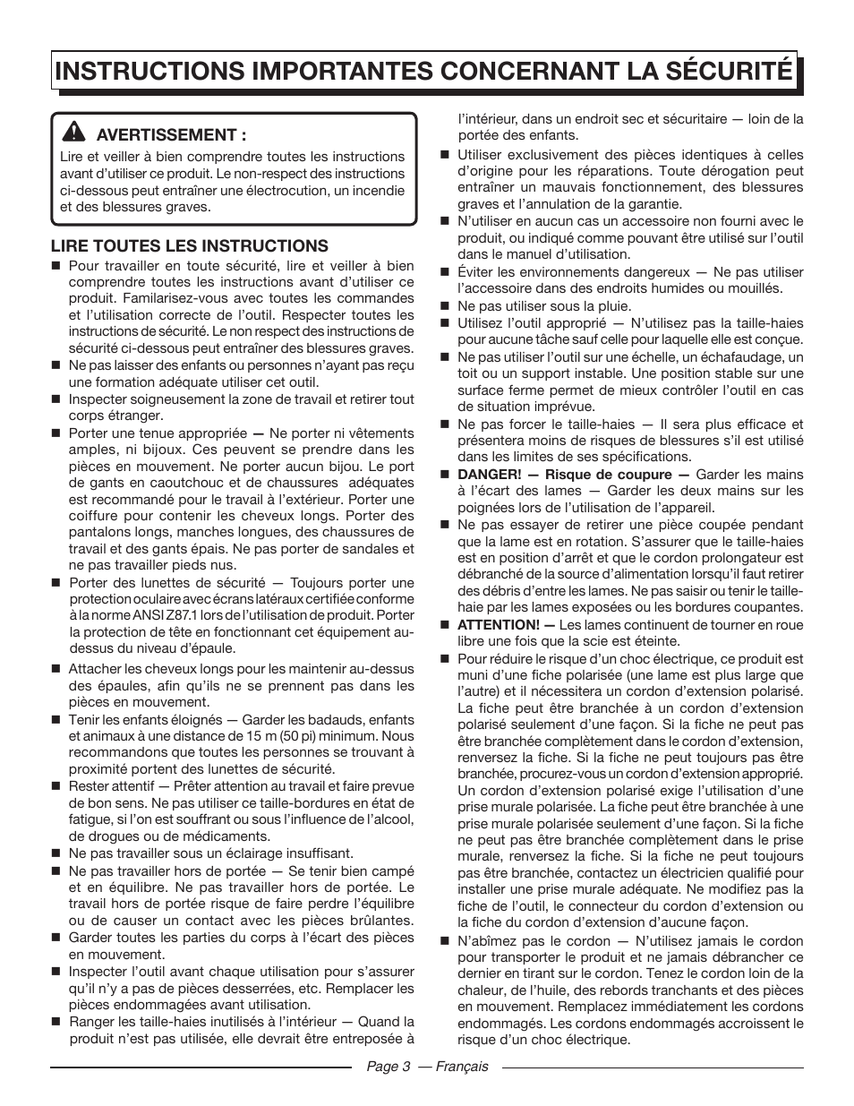 Instructions importantes concernant la sécurité | Homelite UT44121 User Manual | Page 16 / 38