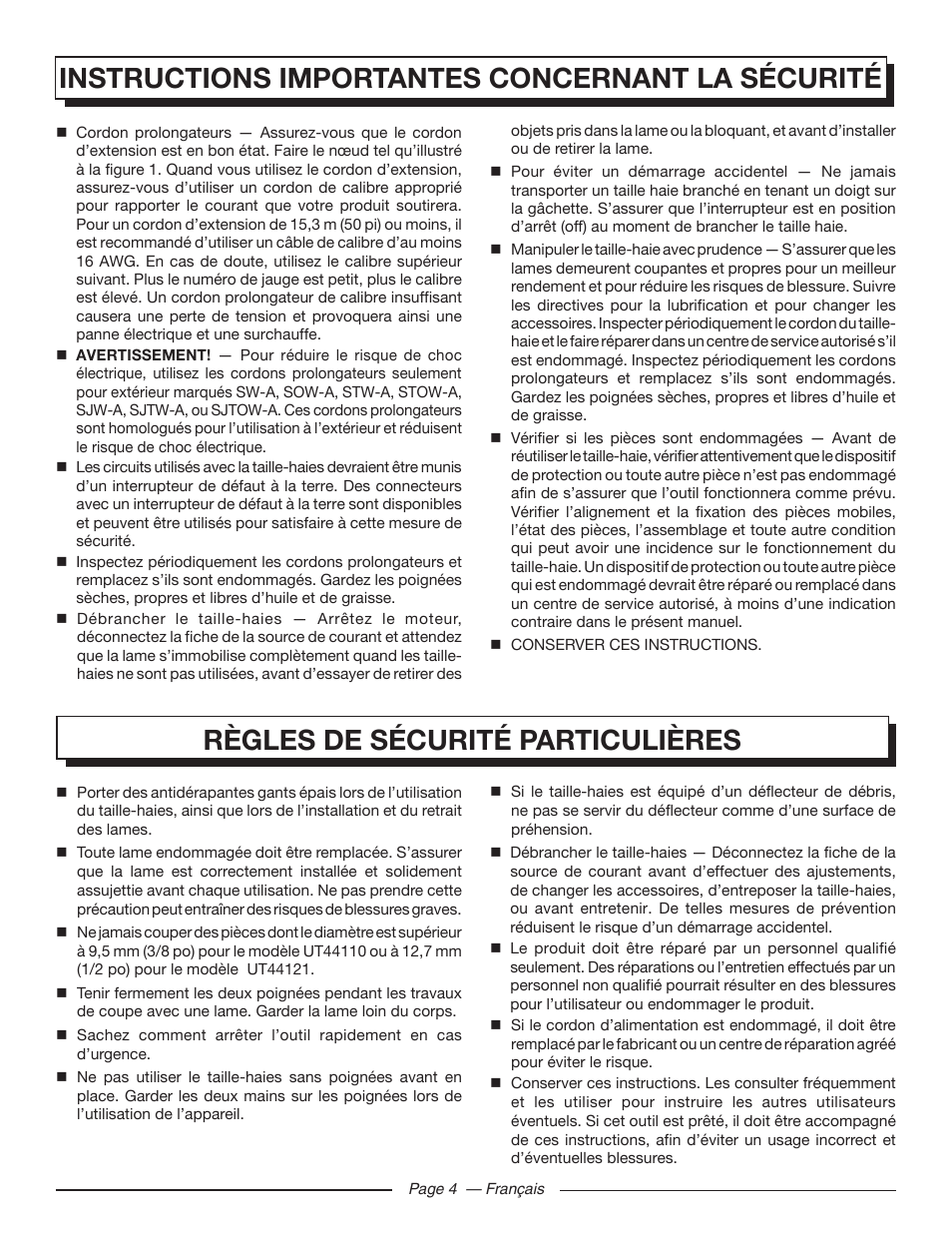Règles de sécurité particulières, Instructions importantes concernant la sécurité | Homelite UT44121 User Manual | Page 17 / 38