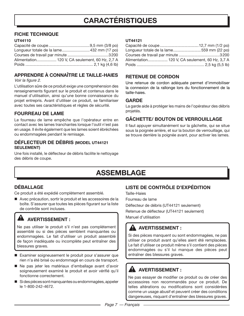 Assemblage, Caractéristiques | Homelite UT44121 User Manual | Page 20 / 38