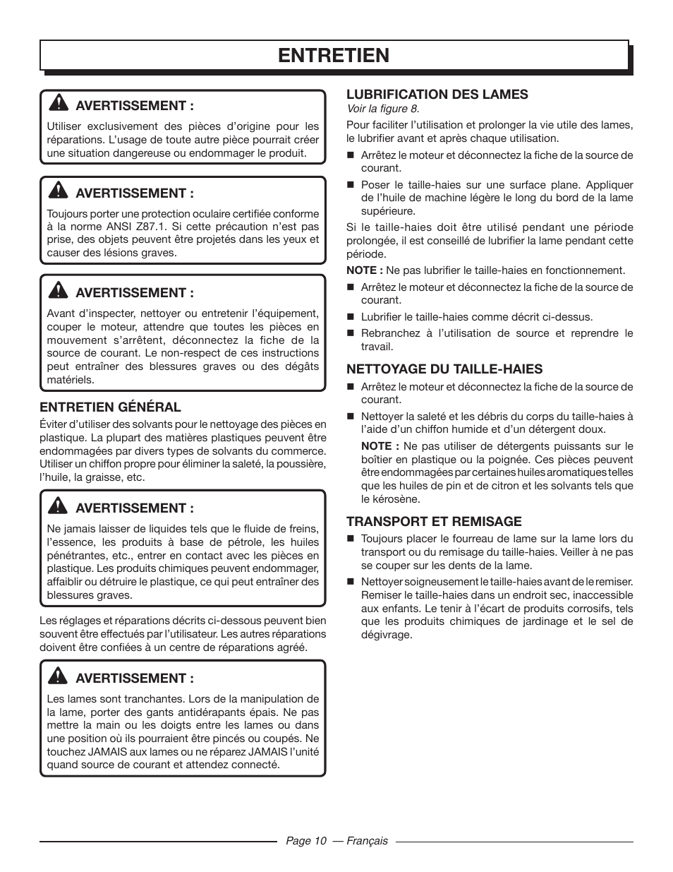 Entretien | Homelite UT44121 User Manual | Page 23 / 38
