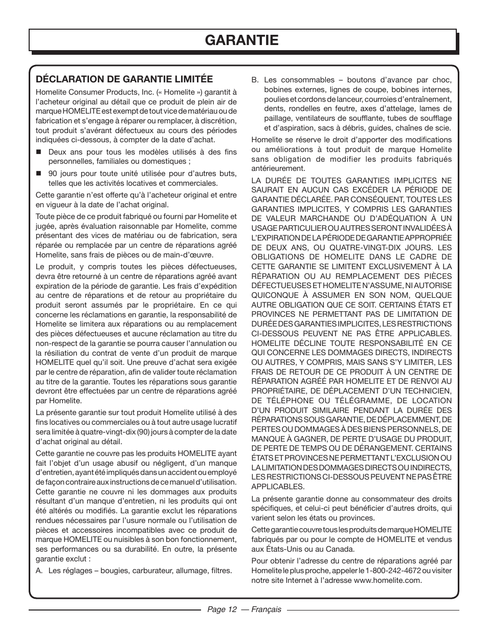 Garantie | Homelite UT44121 User Manual | Page 25 / 38