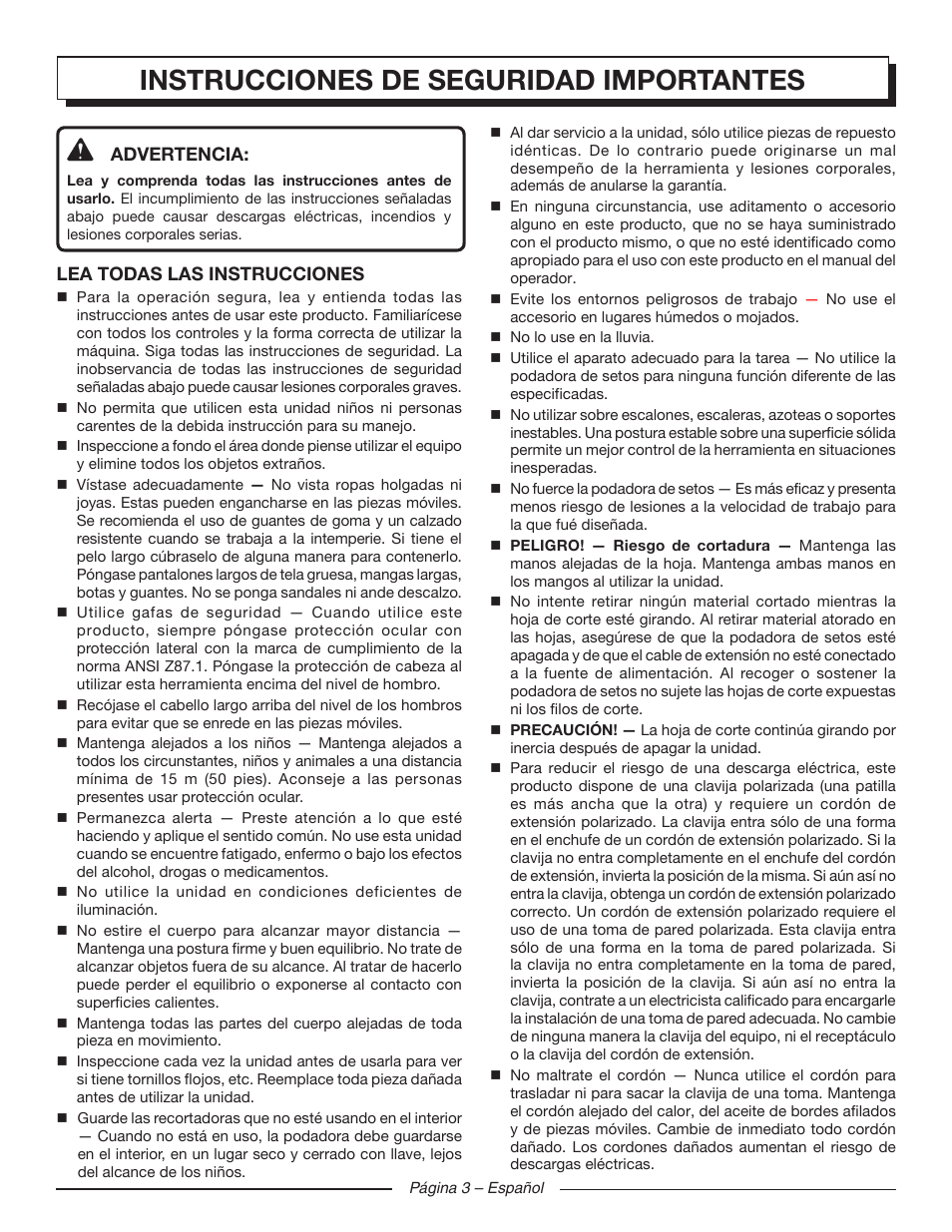 Instrucciones de seguridad importantes | Homelite UT44121 User Manual | Page 27 / 38