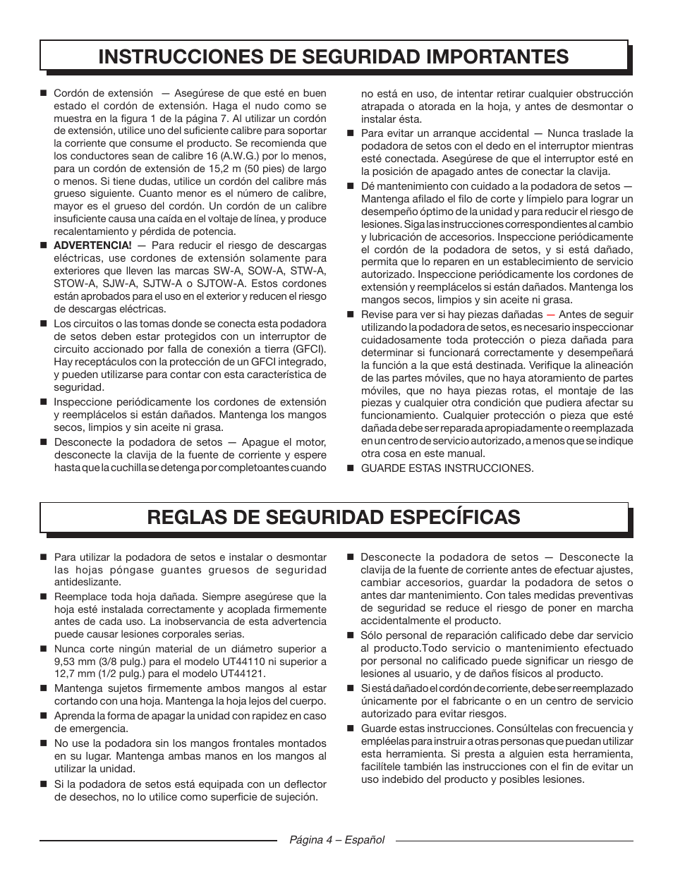 Reglas de seguridad específicas, Instrucciones de seguridad importantes | Homelite UT44121 User Manual | Page 28 / 38