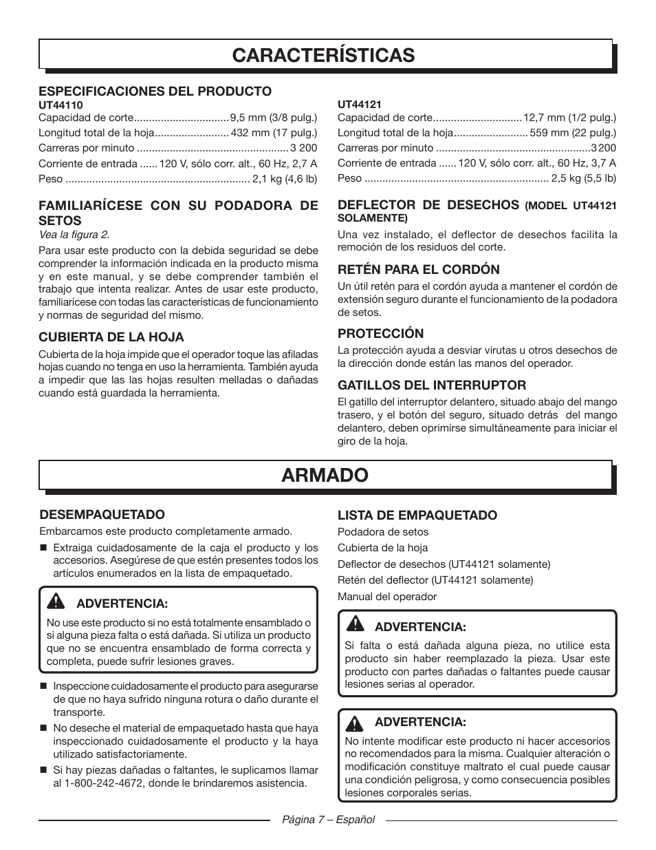 Características, Armado | Homelite UT44121 User Manual | Page 31 / 38