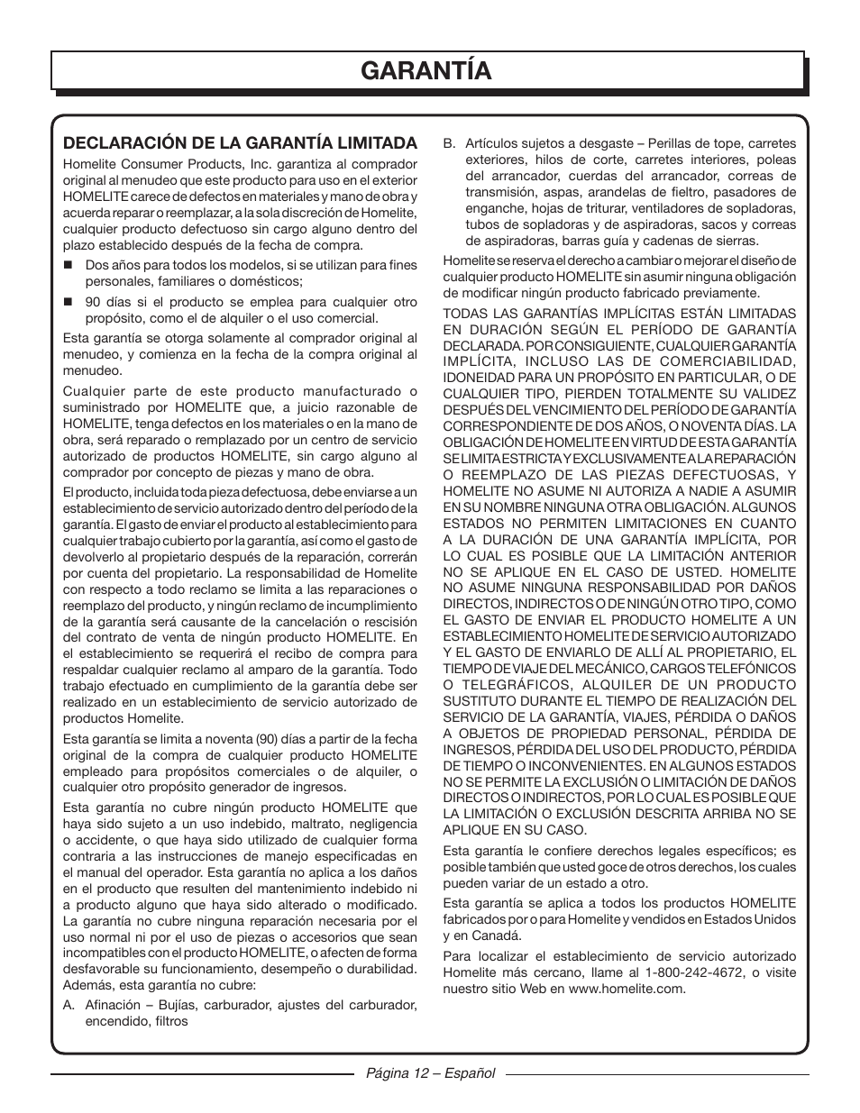 Garantía | Homelite UT44121 User Manual | Page 36 / 38