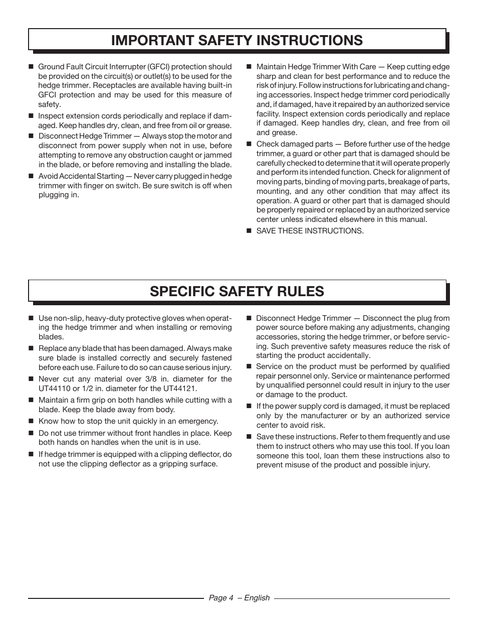 Specific safety rules, Important safety instructions | Homelite UT44121 User Manual | Page 6 / 38