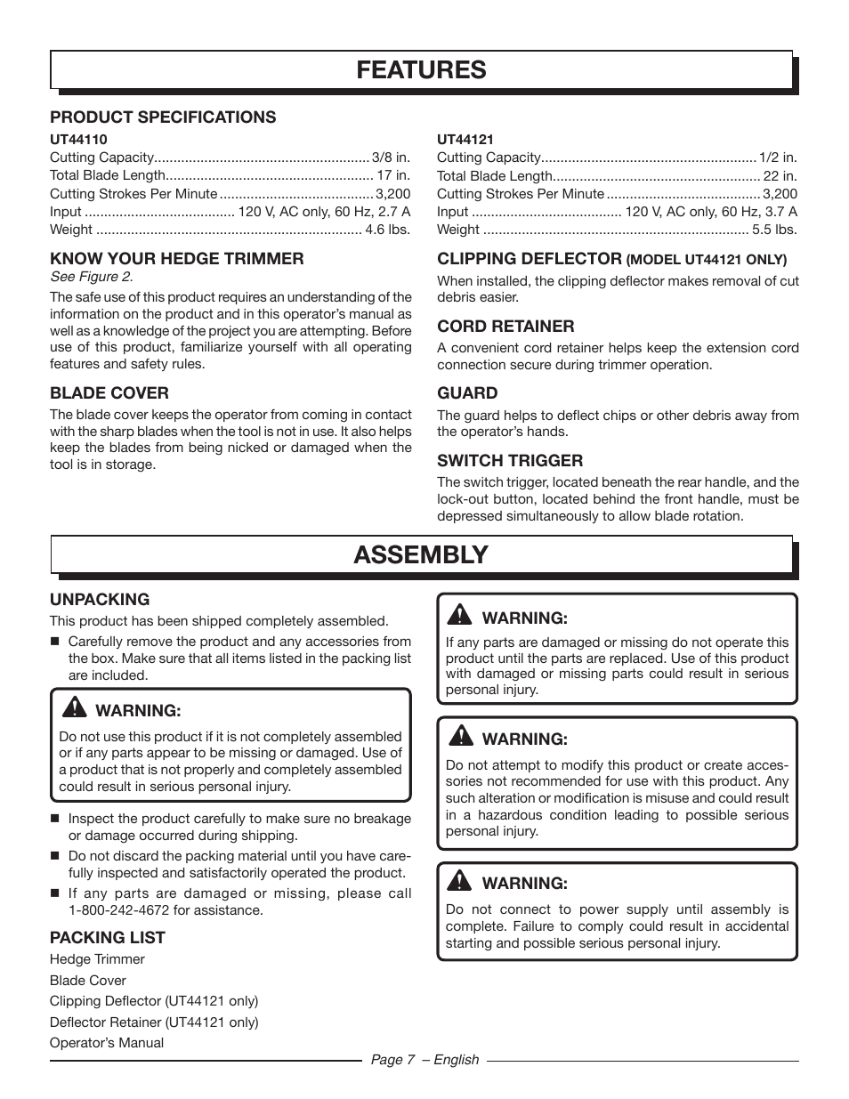 Features, Assembly | Homelite UT44121 User Manual | Page 9 / 38