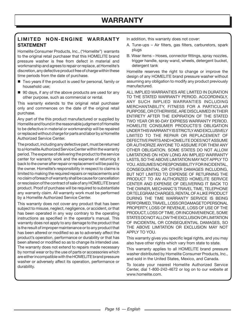 Warranty | Homelite UT80546 User Manual | Page 20 / 52