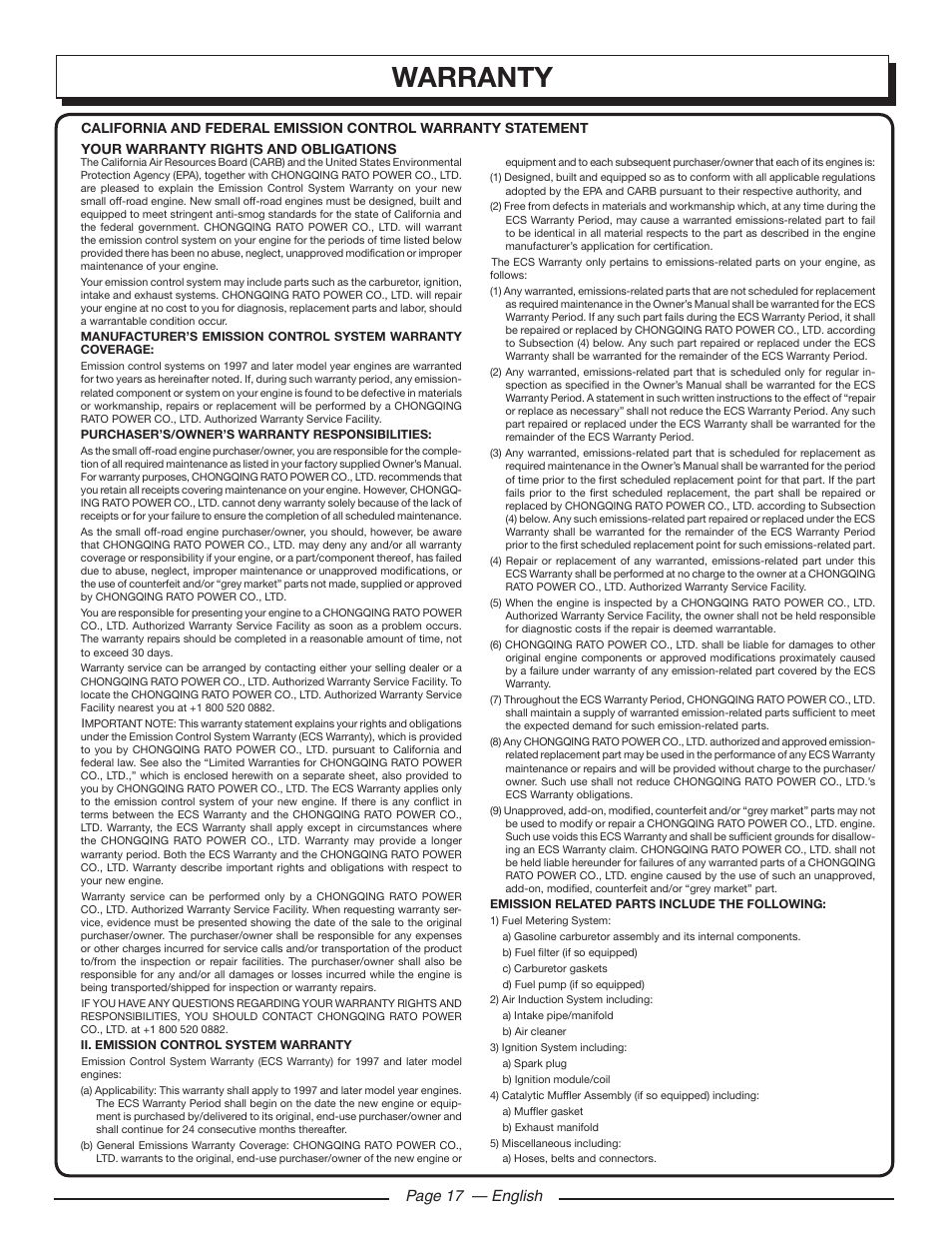 Warranty, Page 17 — english | Homelite UT80546 User Manual | Page 21 / 52
