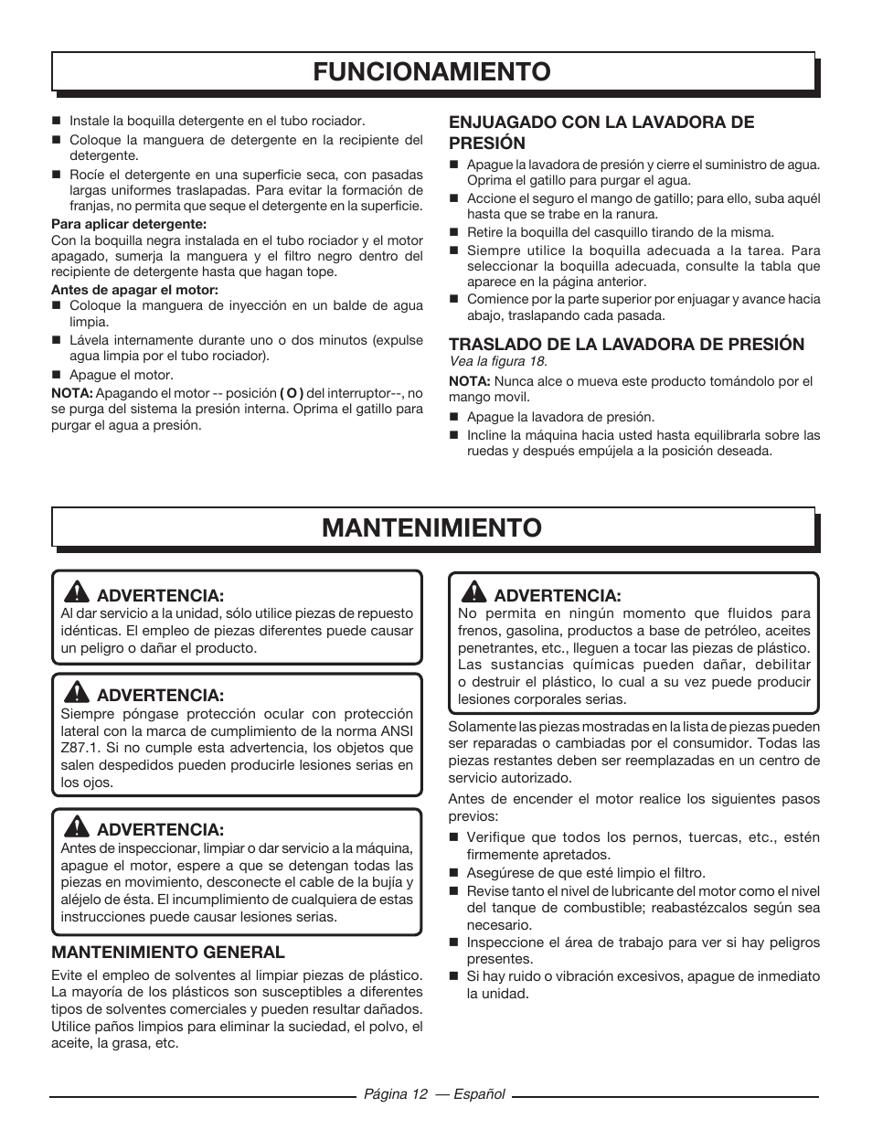 Mantenimiento, Funcionamiento | Homelite UT80546 User Manual | Page 46 / 52