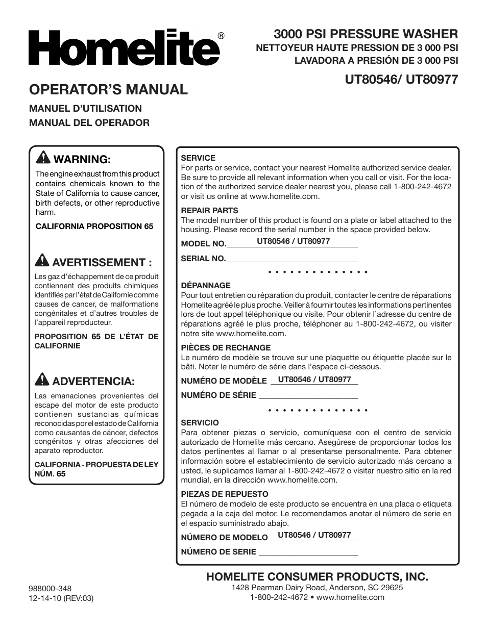 Operator’s manual, 3000 psi pressure washer, Homelite consumer products, inc | Warning, Avertissement, Advertencia | Homelite UT80546 User Manual | Page 52 / 52