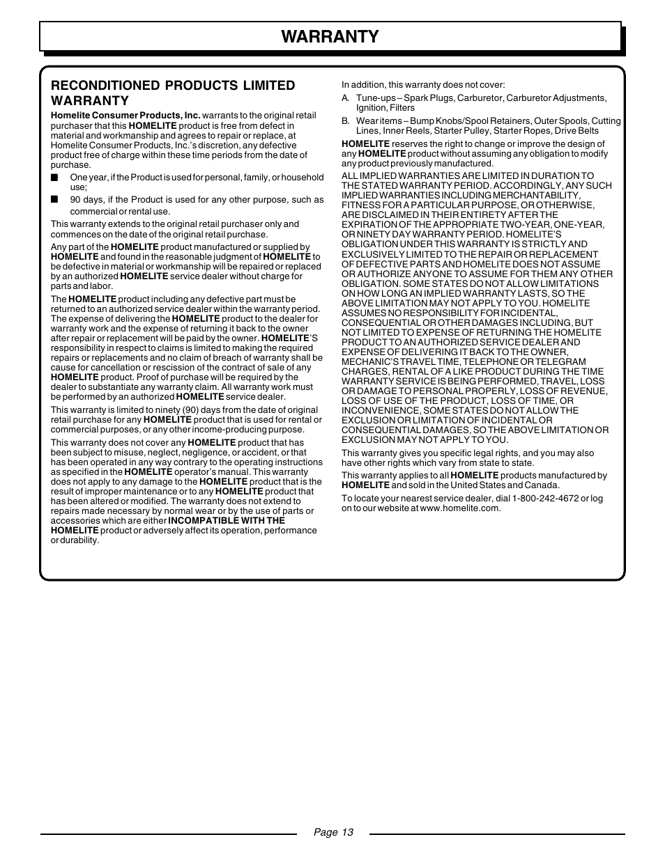 Warranty, Reconditioned products limited warranty | Homelite ZR08110 User Manual | Page 13 / 16