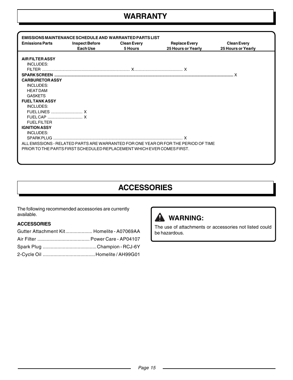 Warranty, Accessories, Warning | Homelite ZR08110 User Manual | Page 15 / 16