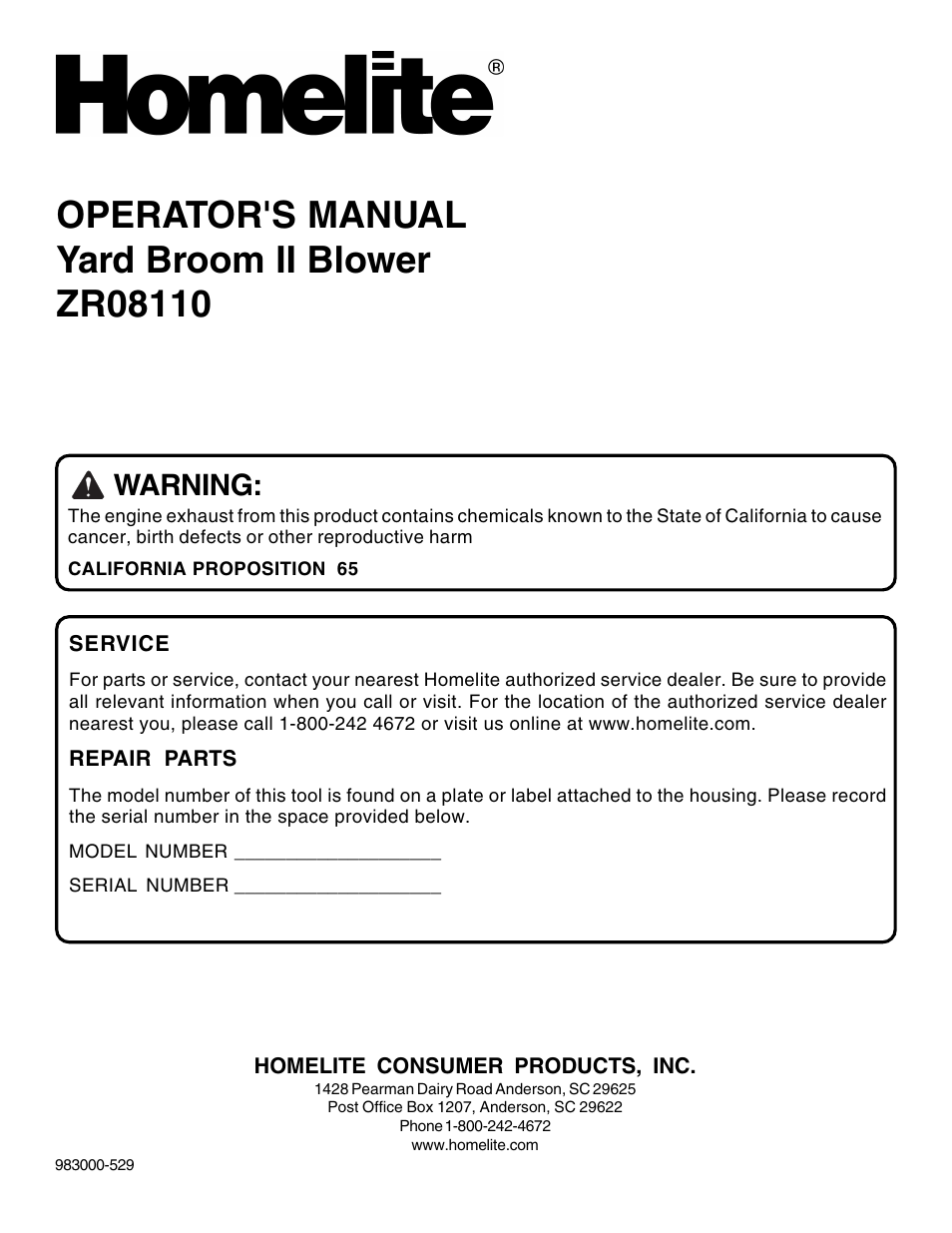 Warning | Homelite ZR08110 User Manual | Page 16 / 16