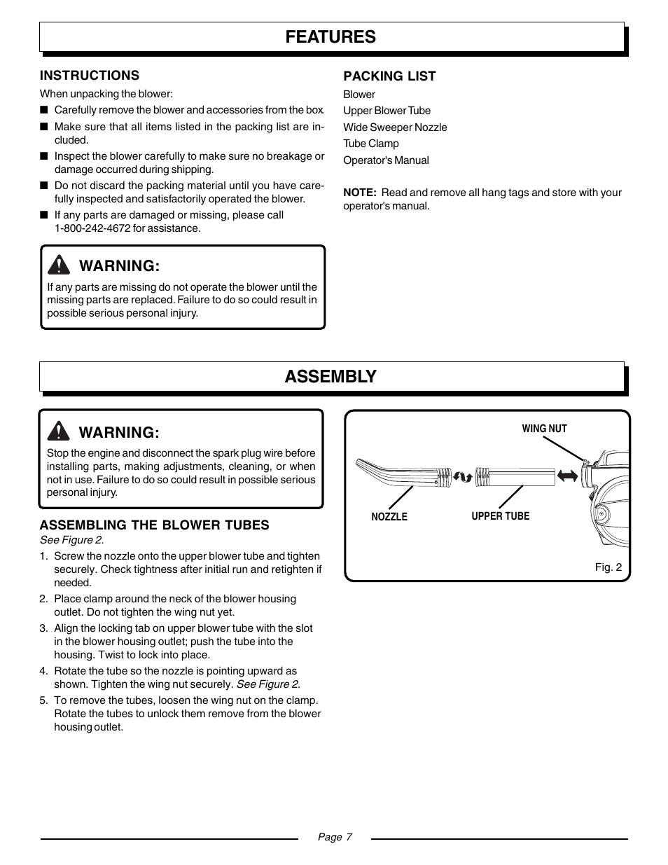 Features, Assembly, Warning | Homelite ZR08110 User Manual | Page 7 / 16