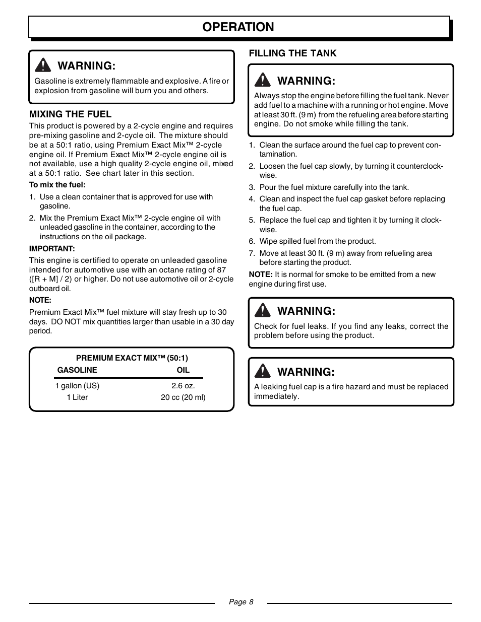 Operation, Warning | Homelite ZR08110 User Manual | Page 8 / 16