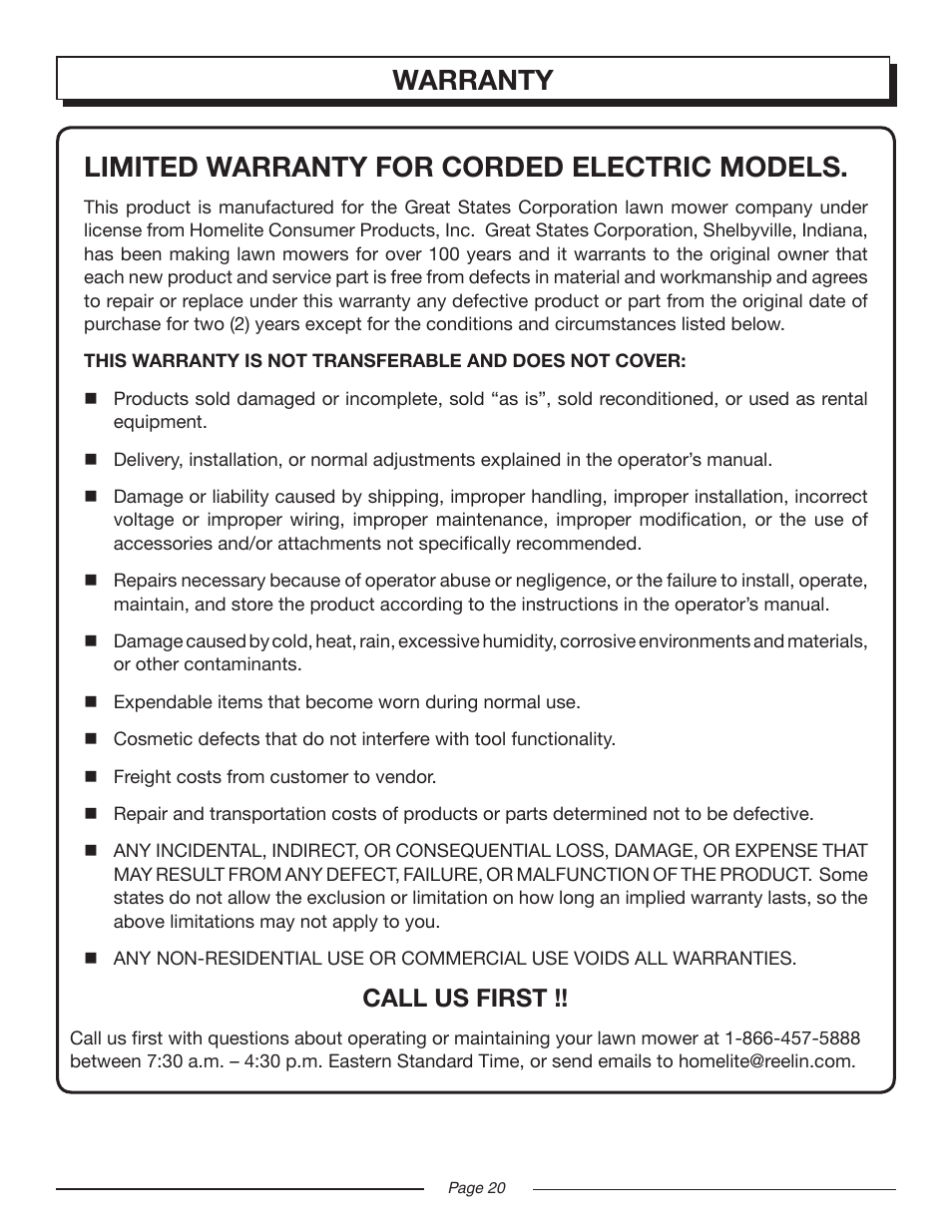 Call us first | Homelite UT13118 User Manual | Page 20 / 22