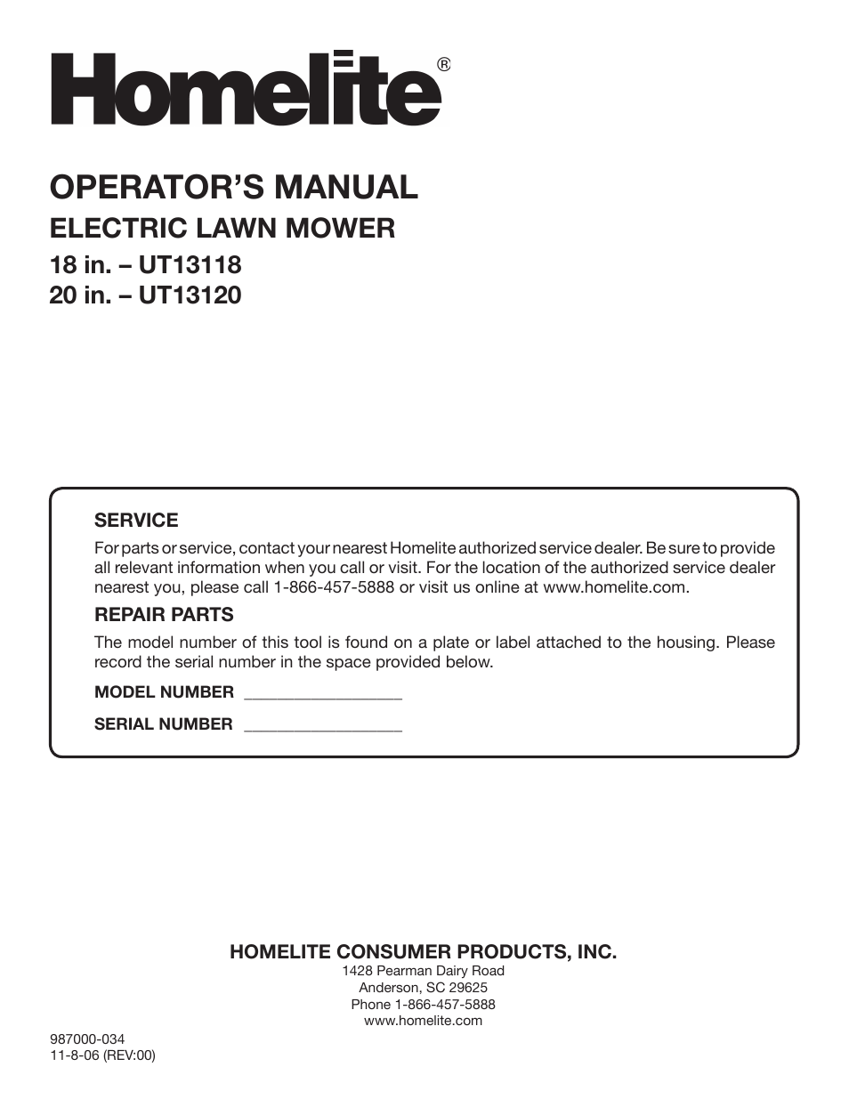 Operator’s manual, Electric lawn mower | Homelite UT13118 User Manual | Page 22 / 22