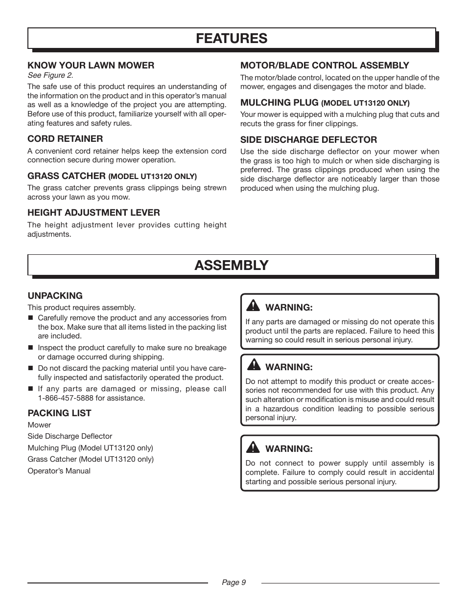 Features, Assembly | Homelite UT13118 User Manual | Page 9 / 22