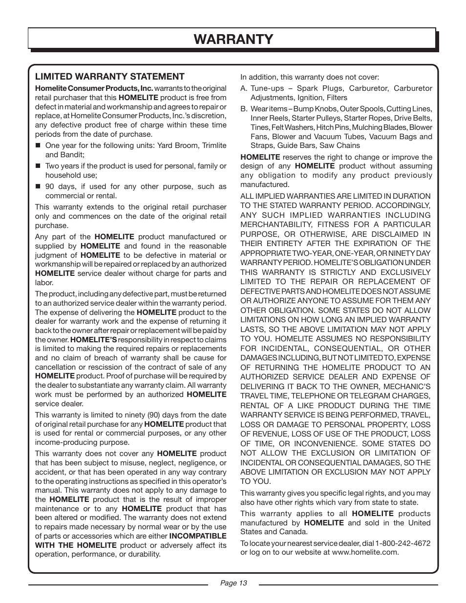 Warranty | Homelite UT08120D User Manual | Page 13 / 16