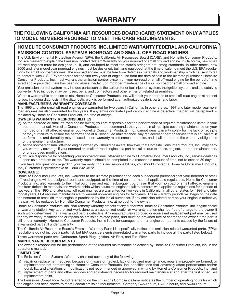 Warranty | Homelite UT08120D User Manual | Page 14 / 16