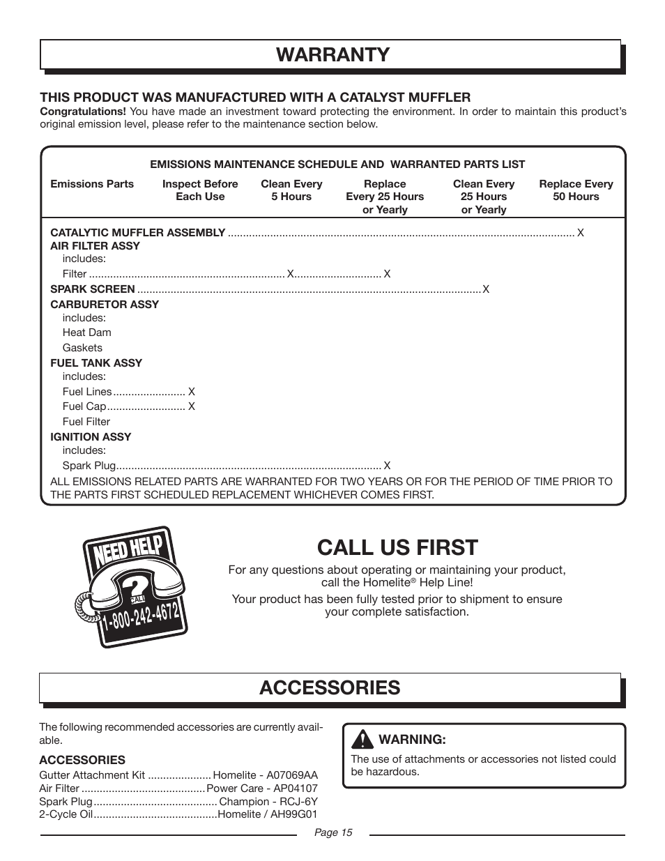 Call us first, Accessories, Warranty | Homelite UT08120D User Manual | Page 15 / 16