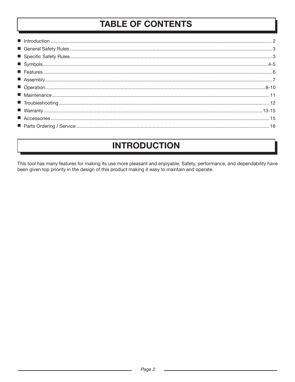 Table of contents introduction | Homelite UT08120D User Manual | Page 2 / 16