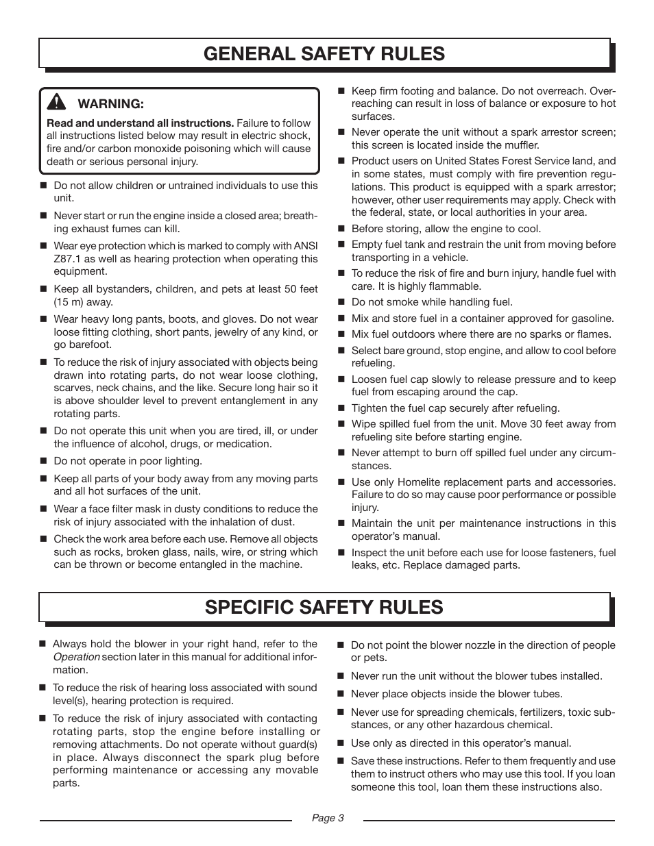 General safety rules, Specific safety rules | Homelite UT08120D User Manual | Page 3 / 16