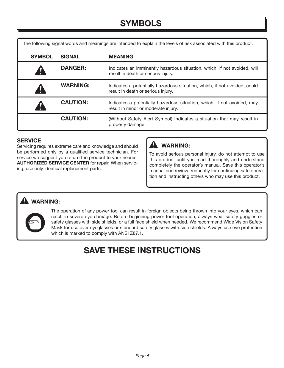 Symbols, Save these instructions | Homelite UT08120D User Manual | Page 5 / 16