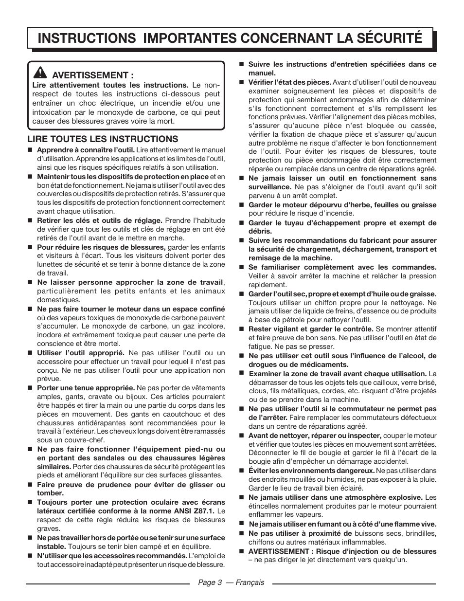 Instructions importantes concernant la sécurité, Avertissement, Lire toutes les instructions | Homelite UT80953 User Manual | Page 22 / 52